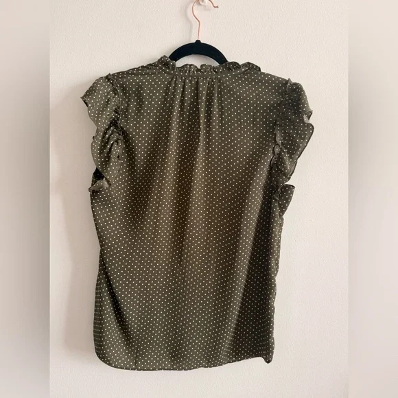 Ruffle Sleeve Olive Green Polka Dot Blouse with Tie Neck - Picture 2 of 2